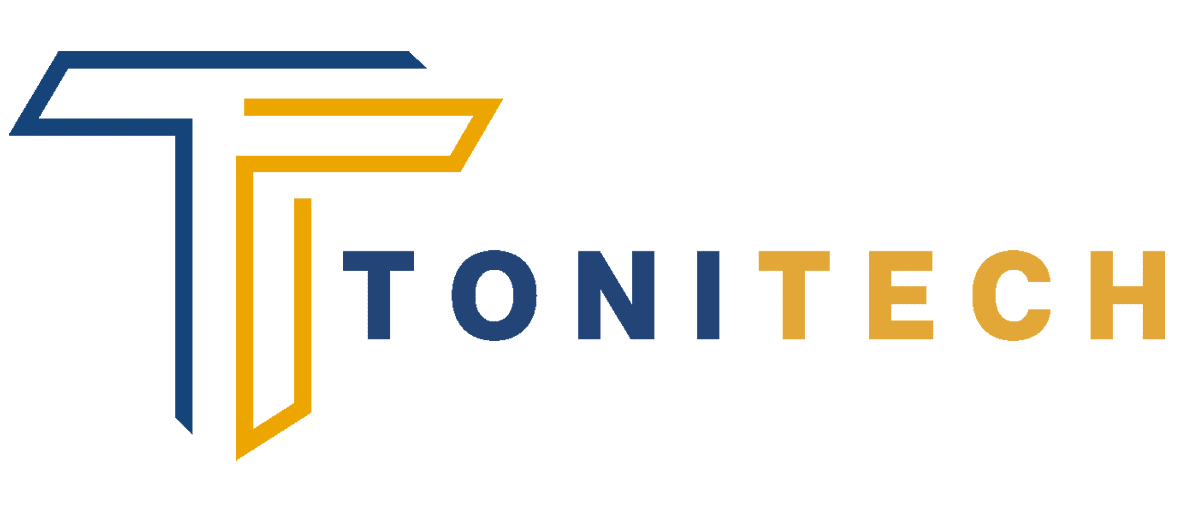 Logo TONITECH – rééducation périnéale et renforcement musculaire Logo de TONITECH, représentant un T stylisé en bleu et or, suivi du nom TONITECH en lettres capitales bleu et or