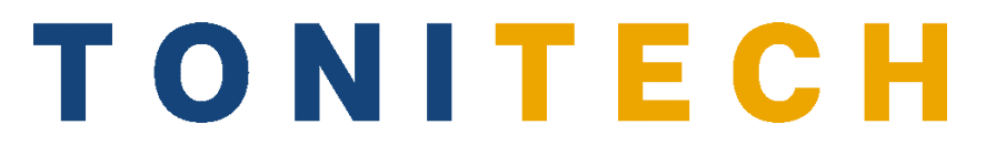 TONITECH - Rééducation périnéale innovante et efficace Logo texte TONITECH en bleu et doré, spécialiste de la rééducation périnéale et du renforcement musculaire sans effort