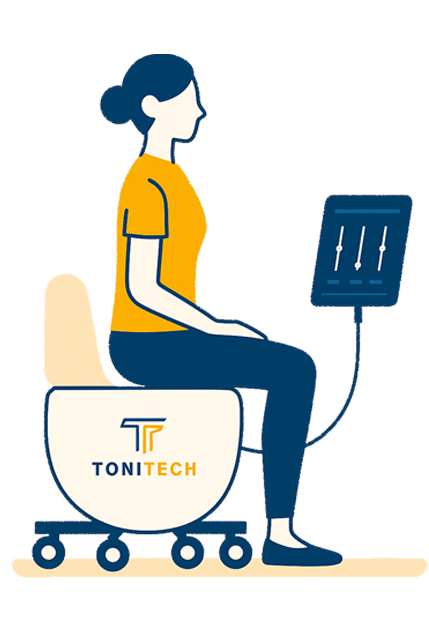 Illustration TONITECH étape 1 - séance assise Illustration d’une personne assise sur le siège médical TONITECH