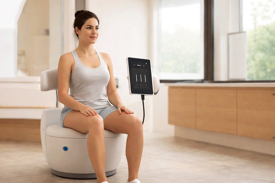 Séance de rééducation périnéale chez TONITECH à Châtellerault Femme assise sur une chaise de rééducation périnéale non invasive au centre TONITECH à Châtellerault